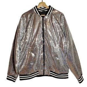 XL H&M Mens Silver Metallic Sequin Bomber Jacket Coat Rare New